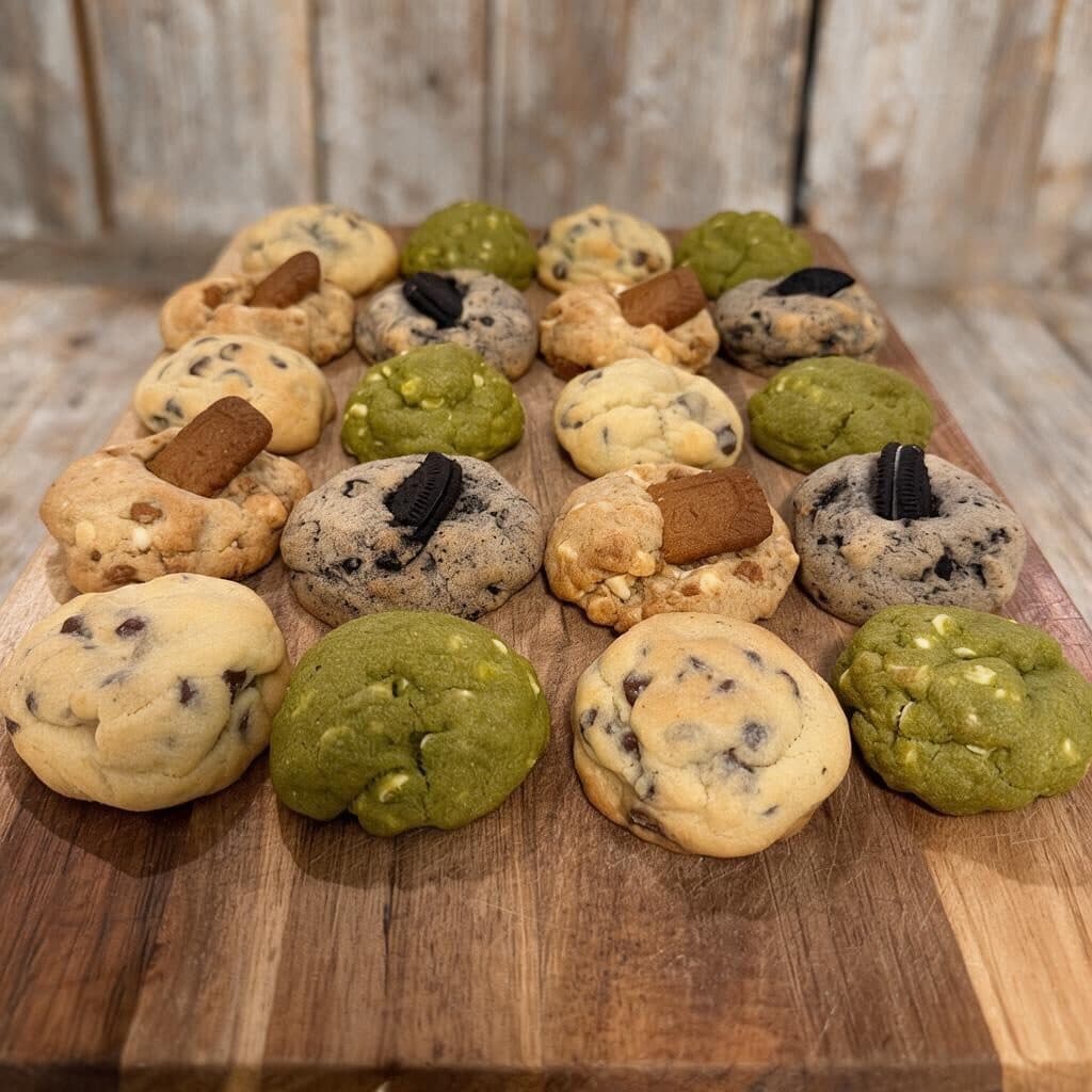Rows of fresh cookies in four flavours on a wooden board