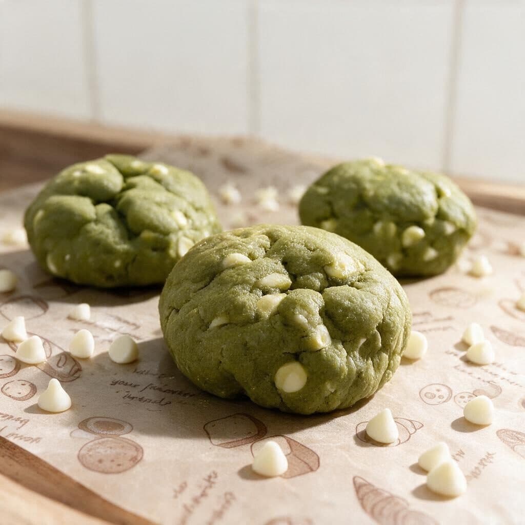 Matcha cookies studded with white chocolate chips
