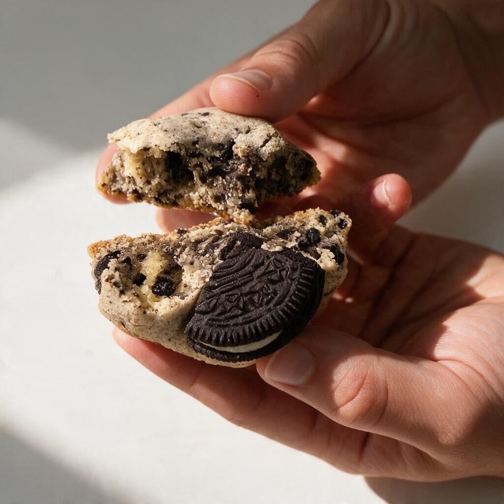 A cookies & cream cookie pulled apart to show its soft middle
